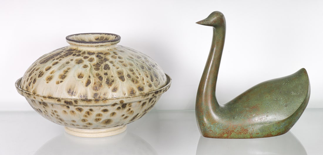 An Atelier Ojai covered stoneware vessel and a patinated bronze figure of a swan: An Atelier Ojai covered stoneware vessel and a patinated bronze figure of a swan, 8.5"h [2 total]