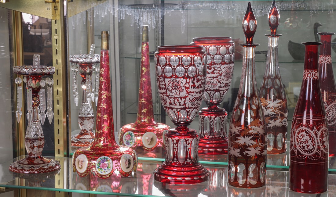 An assembled group of Bohemian ruby flashed cut to clear glass (1 of 1)