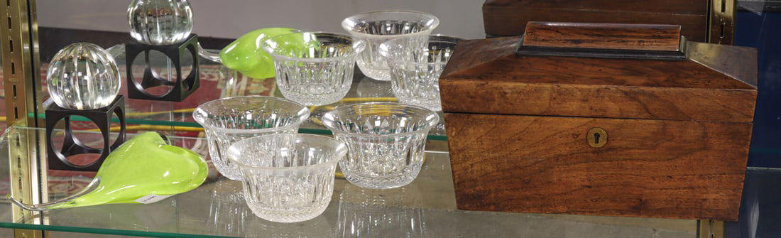 An assembled group: An assembled group, comprising English sarcophagus form tea caddy, 6.5"h x 11.5"w x 6"d; (1) glass orb on brass cube, unsigned, 5"h overall; (1) blown glass heart paperweight signed and dated