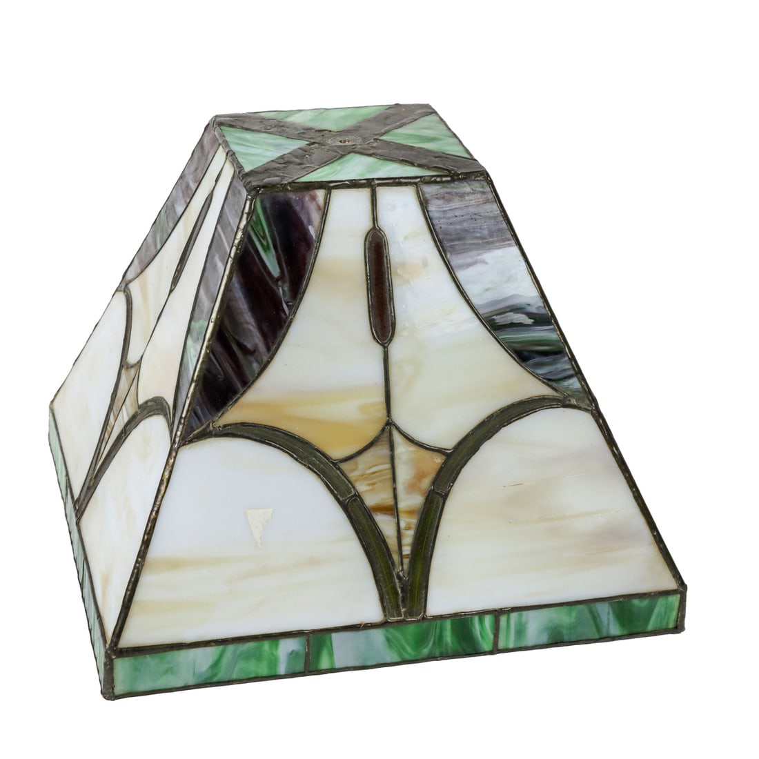 A slag glass lamp shade in the Mission style: A slag glass lamp shade in the Mission style, unmarked. 11.25"h x 14" square at base