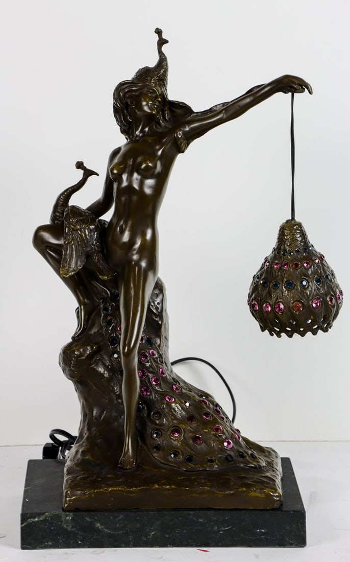 A Contemporary Art Nouveau style patinated bronze and glass 'jewel' figural lamp (1 of 1)