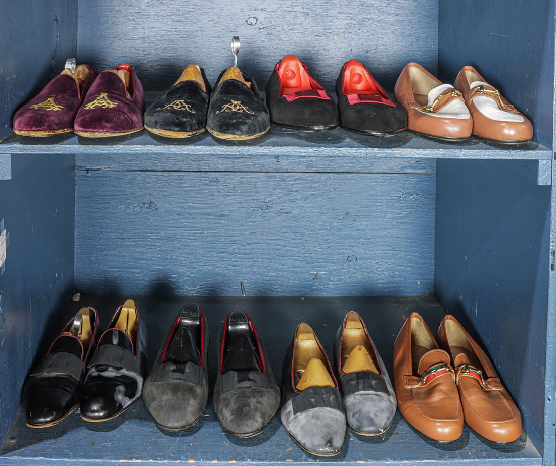 Eight pairs of mainly vintage English and Italian men's bespoke smoking shoes and loafers: Eight pairs of mainly vintage English and Italian men's bespoke smoking shoes and loafers, together with shoe trees and dust bags. Provenance: The Collection of Adolphus Andrews Jr. and Emily Taylor A