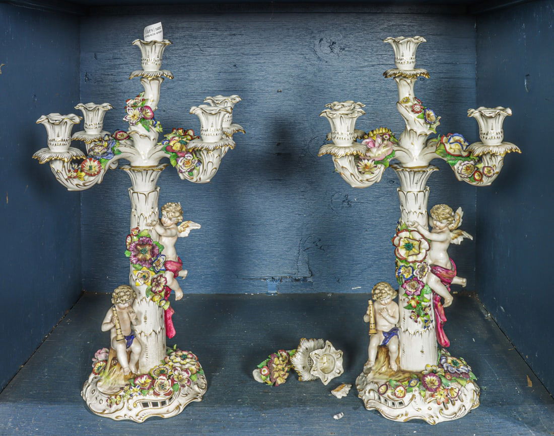 A pair of Dresden Von Schierholz ceramic floral encrusted five light figural candelabra (1 of 1)