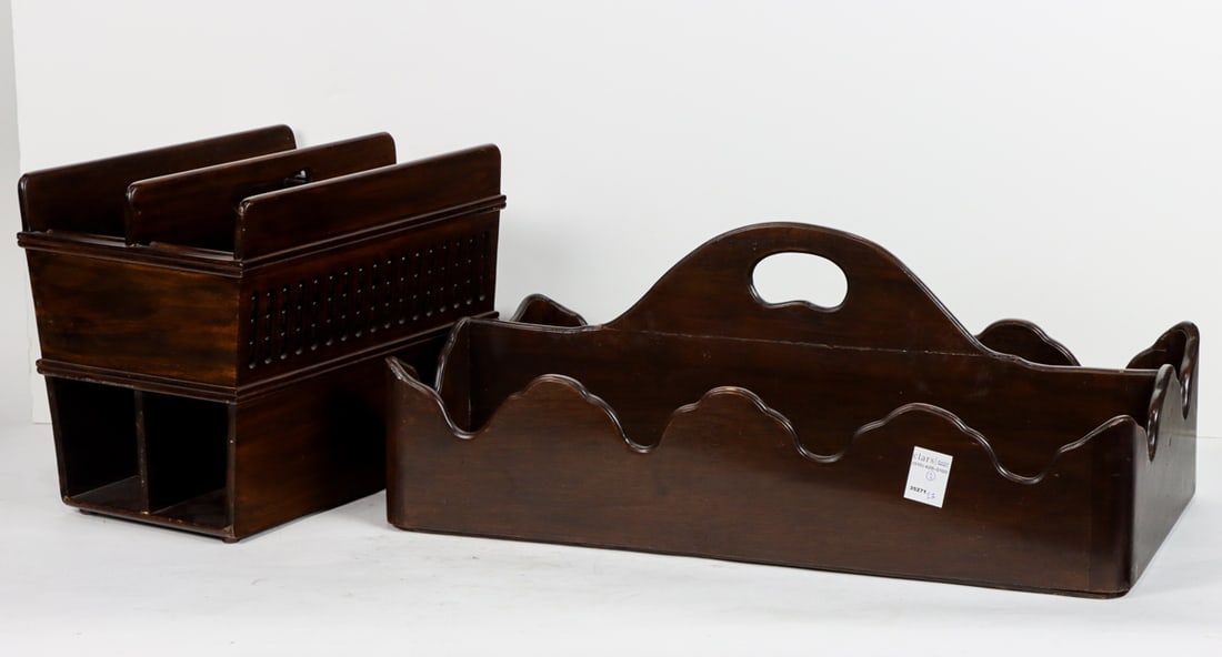 A Georgian style mahogany cutlery tray and a Selenal Designs magazine caddy: A Georgian style mahogany cutlery tray and a Selenal Designs magazine caddy, greatest 10"h x 26"l x 14.5"d