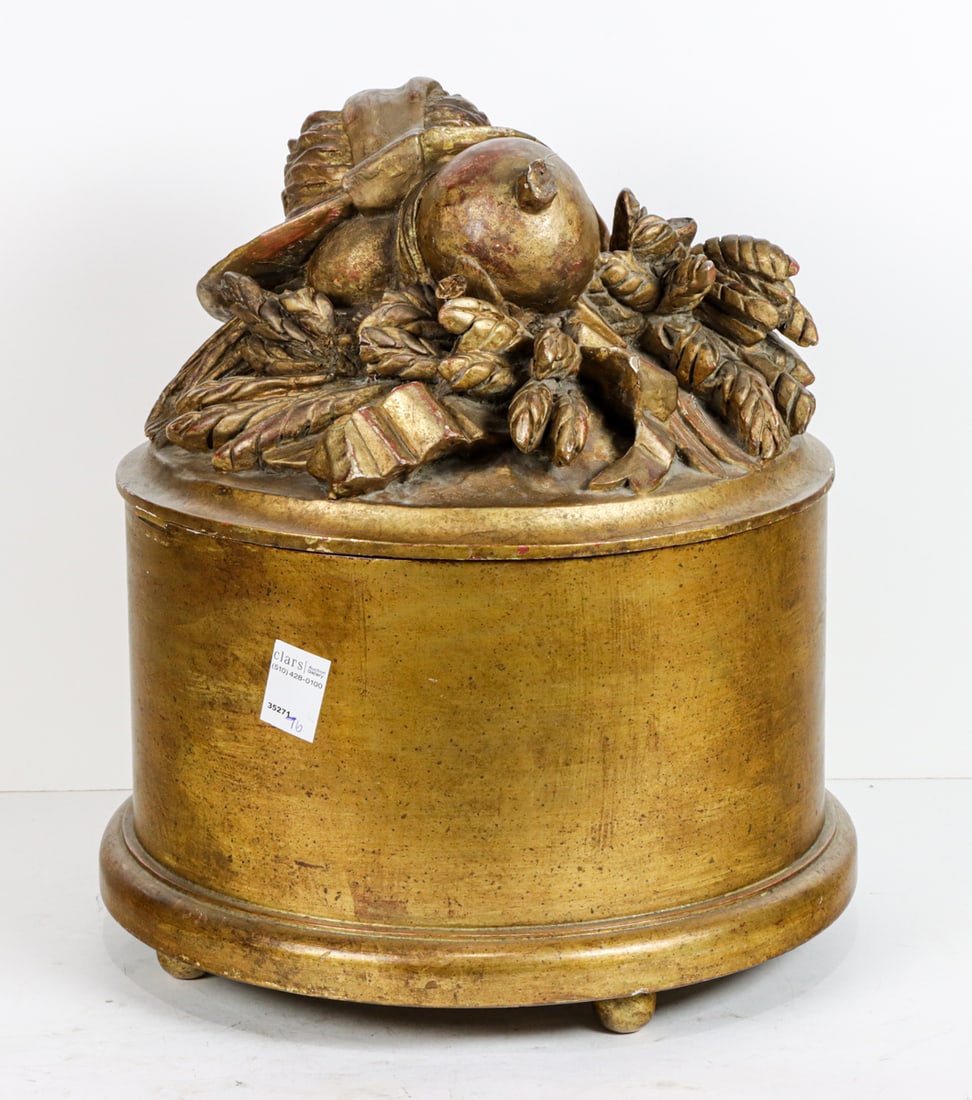 A large French style giltwood round box with harvest trophy to cover: A large French style giltwood round box with harvest trophy to cover, composed of antique and later elements, 18.5"h x 16"dia