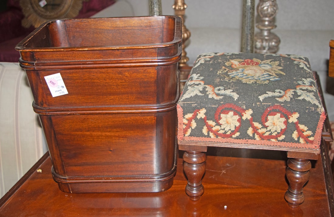 A needlepoint footstool and wood wastebasket (1 of 1)