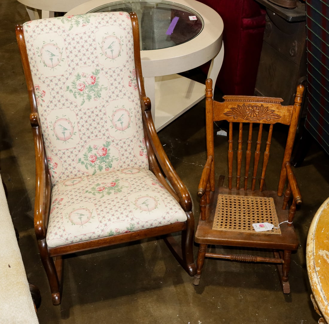 A Victorian chair group: A Victorian chair group, consisting of a doll or childs oak rocking chair 25"h x 14"w, together with a slipper rocker, 31"h