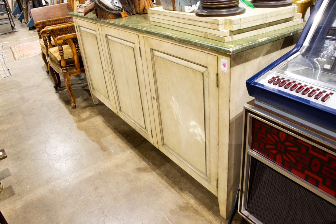 A Neoclassical style paint decorated three-drawer sideboard with faux marbleized top: A Neoclassical style paint decorated three-drawer sideboard with faux marbleized top, currently locked, 34.25"h x 20"d x 72"l