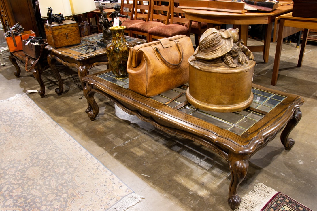 A furniture group: A furniture group, including an oak and glass side table 18"h x 26"w and square cocktail table 16"h x 43"w,