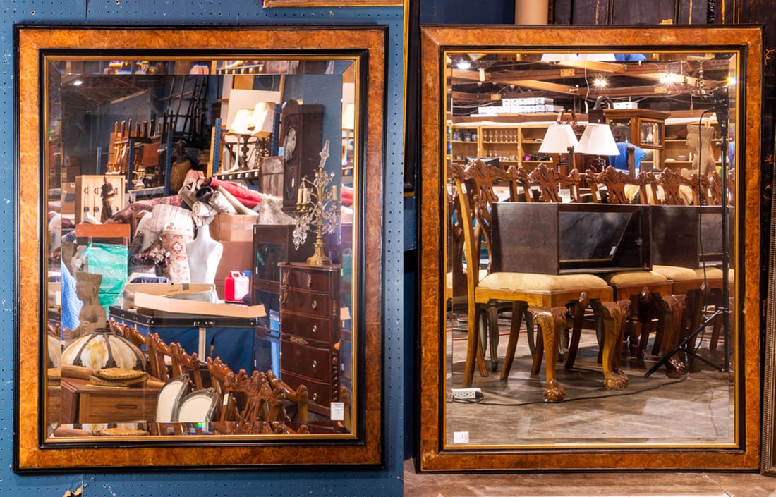 A pair of Dutch Baroque style parcel ebonized and gilt burl veneer mirrors (1 of 1)