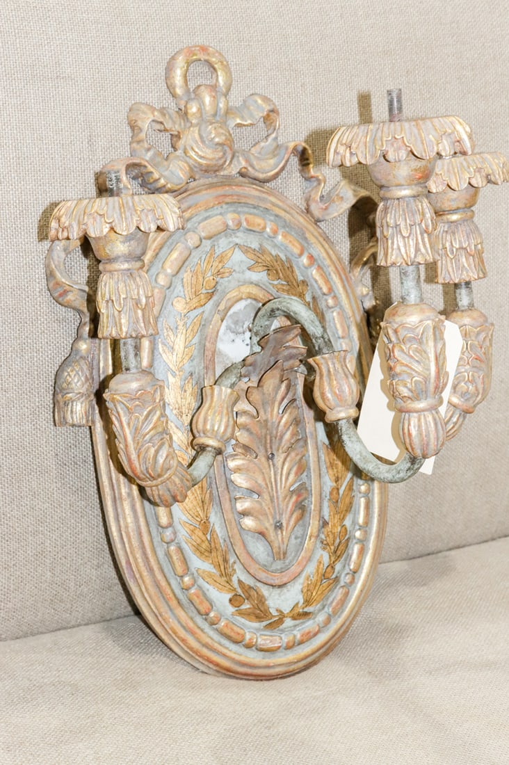 A Neoclassical style painted and parcel giltwood three light wall sconce (1 of 1)