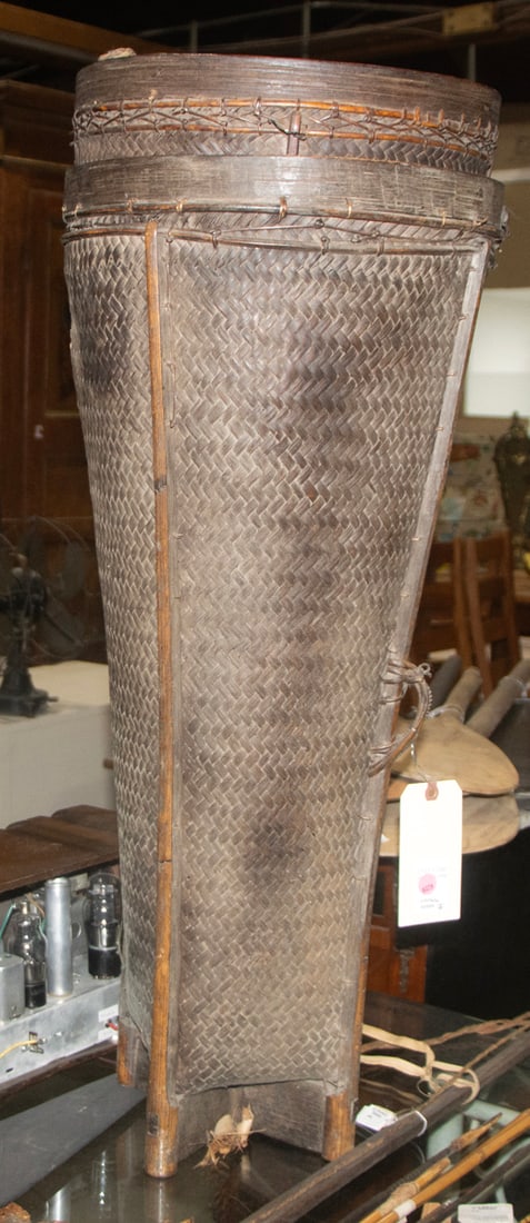 Two tall bamboo baskets: Two tall bamboo baskets, likely Burmese, 26"h and 33"h, together with a small broom [3 total]