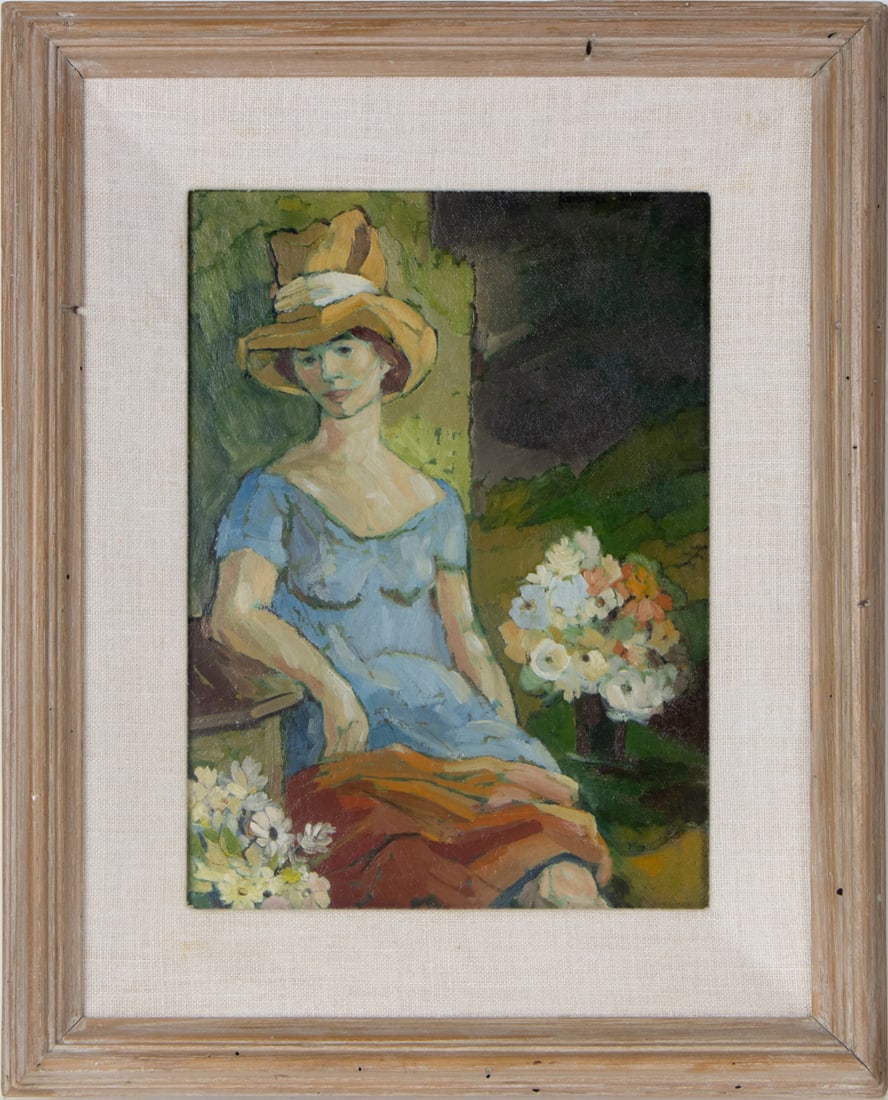 Painting, Manner of Amedeo Modigliani: Manner of Amedeo Modigliani (Italian, 1884-1920), Woman with Hat, oil on board, unsigned, overall (with frame): 14"h x 11.5"w