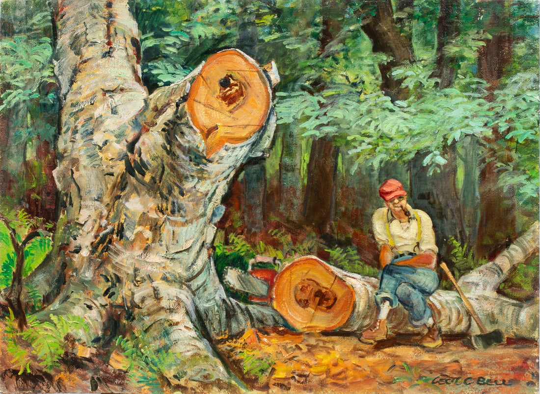 Painting, Cecil C. Bell: Cecil C. Bell (American, 1901-1970), "Time Out for a Smoke," 1962, oil on board, signed lower right, signed, titled, and dated verso, board (unframed): 22"h x 30"w