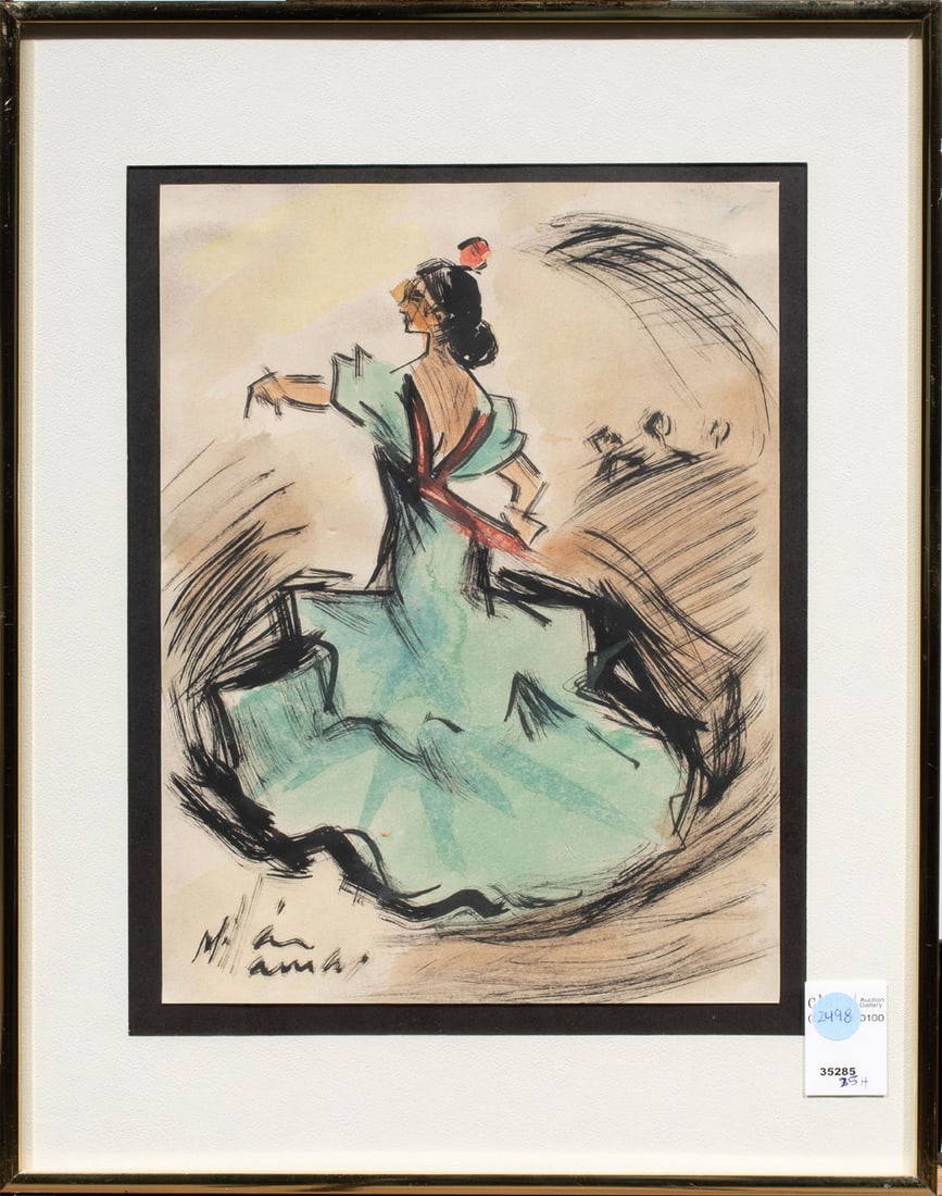 Watercolor, Spanish School (20th century): Spanish School (20th century), Flamenco Dancer, watercolor, signed indistinctly lower left, overall (with frame): 18.5"h x 14.5"w