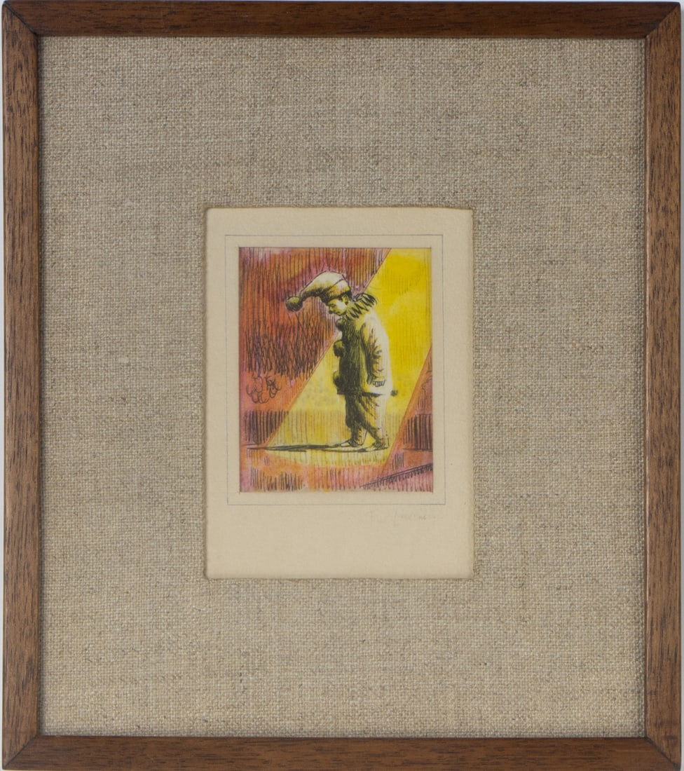Work on paper, French School (20th century): French School (20th century), La Tristesse de Pierrot, ink on paper, overall (with frame): 8"h x 7"w