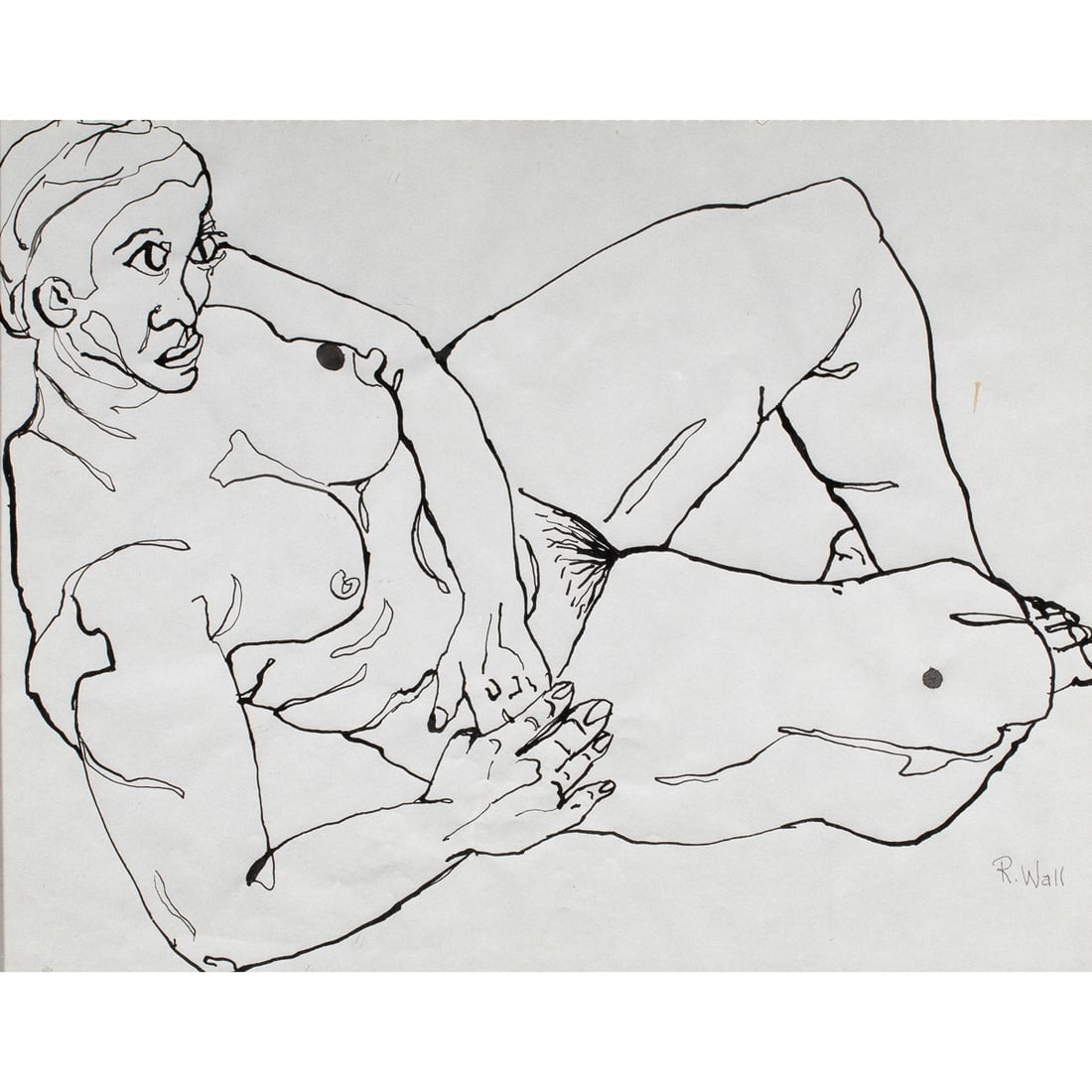 Work on paper, Ruth Wall: Ruth Wall (American, 1917-2009), Nude, ink on paper, signed lower right, sheet: 10.5"h x 13.5"w, overall (with frame): 14.75"h x 17.75"w