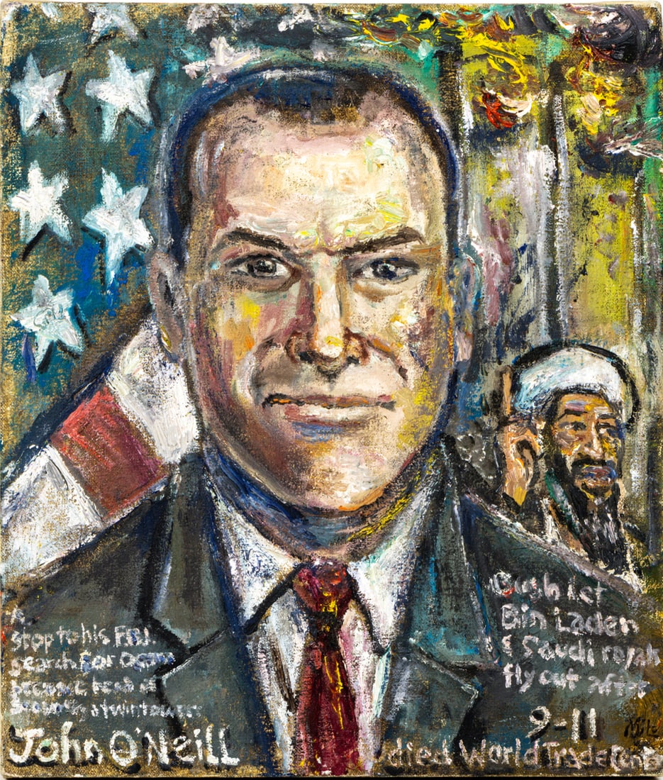 Painting, George Milo Buck: George Milo Buck (American, 20th/21st century), 9/11 Portrait, oil on canvas, signed verso, canvas (unframed): 15"h x 13"w