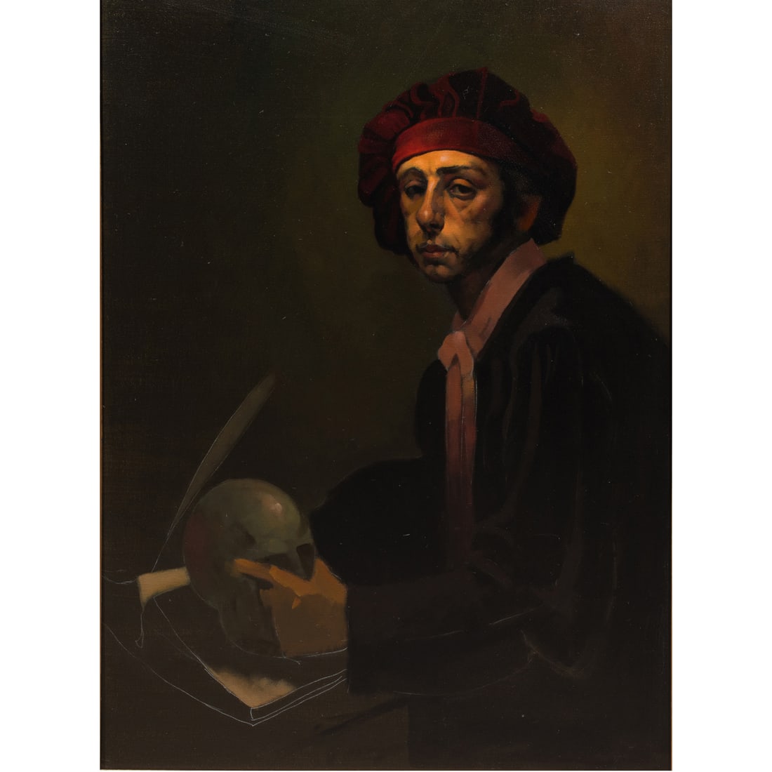 Painting, Alan McCorkle: Alan McCorkle (American, 1940-1995), "The Anatomy Lesson," oil on canvas, signed and titled verso, canvas: 40"h x 30"w, overall (with frame): 48"h x 38"w. Note: McCorkle was a prolific painter of port