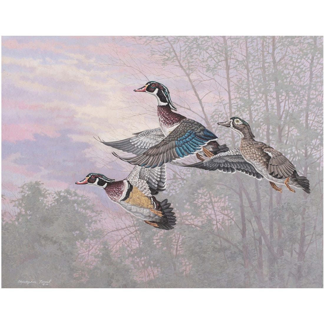 Painting, Christopher Forrest: Christopher Forrest (American, b. 1946), "Dusk Departure," 1985, acrylic on board, signed and dated lower left, gallery label (Hang Ups, Orange, CA) affixed verso, canvas: 26"h x 32"w, overall (with