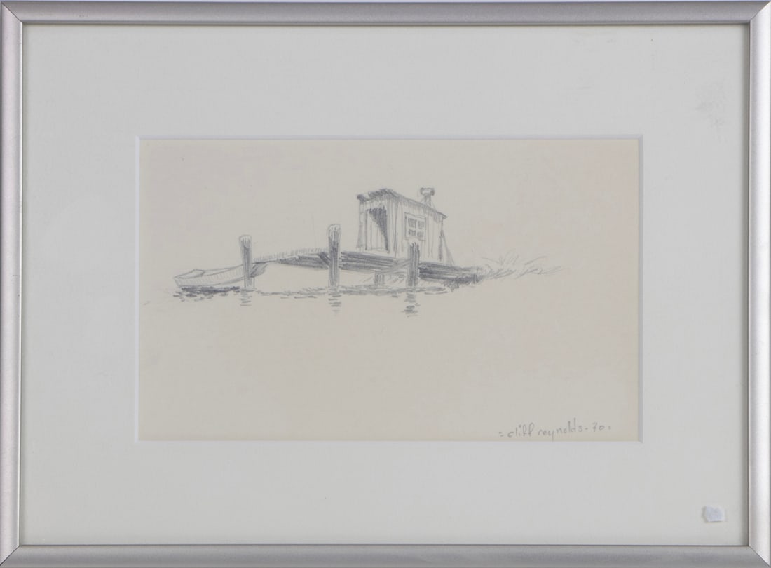Work on paper, Cliff Reynolds: Cliff Reynolds (American, 1909-1975), Boathouse, 1970, pencil on paper, signed and dated lower right, overall (with frame): 7"h x 9.25"w