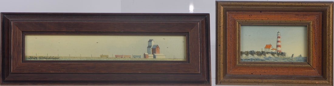 Paintings, Thomas Waddelow: (lot of 2) Thomas Waddelow (American, 1921-2017), Lighthouse and Farmland, oils on panel, each signed lower left, overall (with frame, for larger): 3"h x 8.5"w