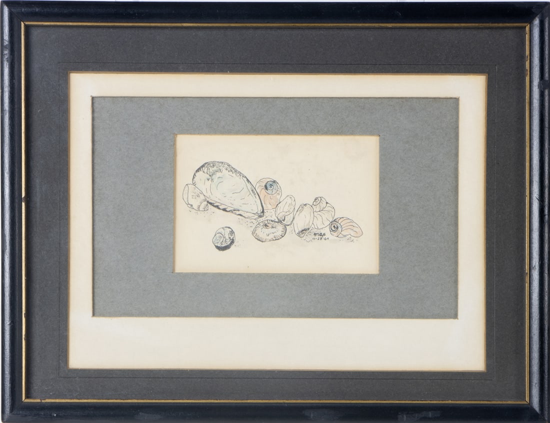 Work on paper, American School (20th century): American School (20th century), Seaside Treasures, 1964, ink on paper, initialed "MES" and dated lower right, overall (with frame): 6.5"h x 8.5"w