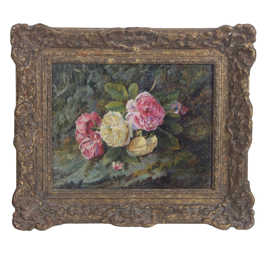 Painting, British School (20th century): British School (20th century), Still Life with Roses, oil on canvas, signed "V. Clare" lower left, overall (with frame): 12"h x 14"w