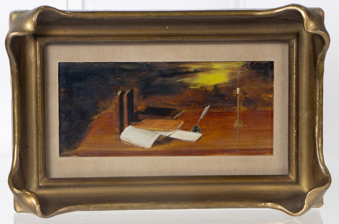 Painting, American School (20th century): American School (20th century), Writing Desk, oil on panel, signed indistinctly lower right, overall (with frame): 5.5"h x 8.25"w