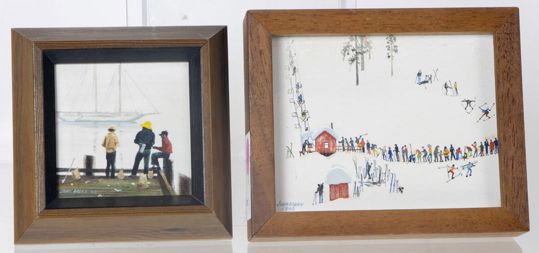 Paintings, John Mann: (lot of 2) John Mann (American, 20th century), "View from the Window," 1966, and "Fisherman, Sausalito," 1968, oils on boards, each signed and dated lower left, each with artist studio label affixed