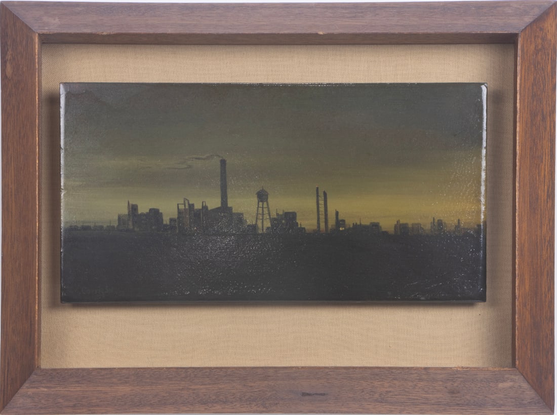 Painting, Frank Corrigan: Frank Corrigan (American, 20th century), "The Edge of Town," 1963, oil on board, signed and dated lower left, signed, titled, and dated verso, overall (with frame): 9.5"h x 13"w