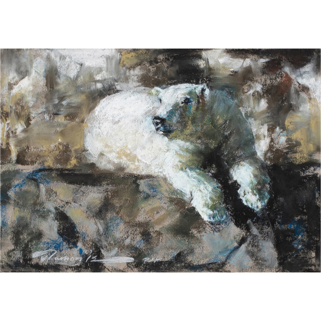 Work on paper, Ramon Kelley: Ramon Kelley (American, b. 1939), "Polar Bear," 2007, pastel on board, signed and dated lower left, signed and titled verso, sight: 9"h x 13"w, overall (with frame): 21"h x 25"w
