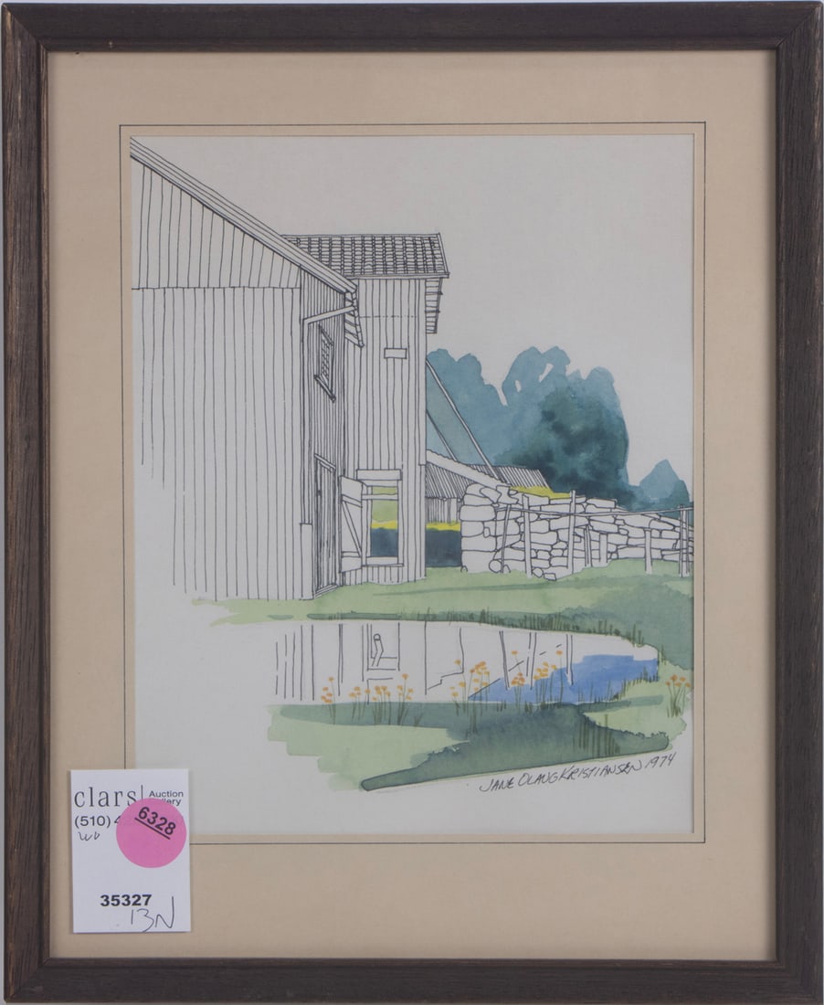 Work on paper, Jane Olaug Kristiansen: Jane Olaug Kristiansen (American/Danish, 20th century), "Yellow Flowers, Norway," 1974, ink and watercolor on paper, signed and dated lower right, titled verso, overall (with frame): 10.75"h x 8.75"w