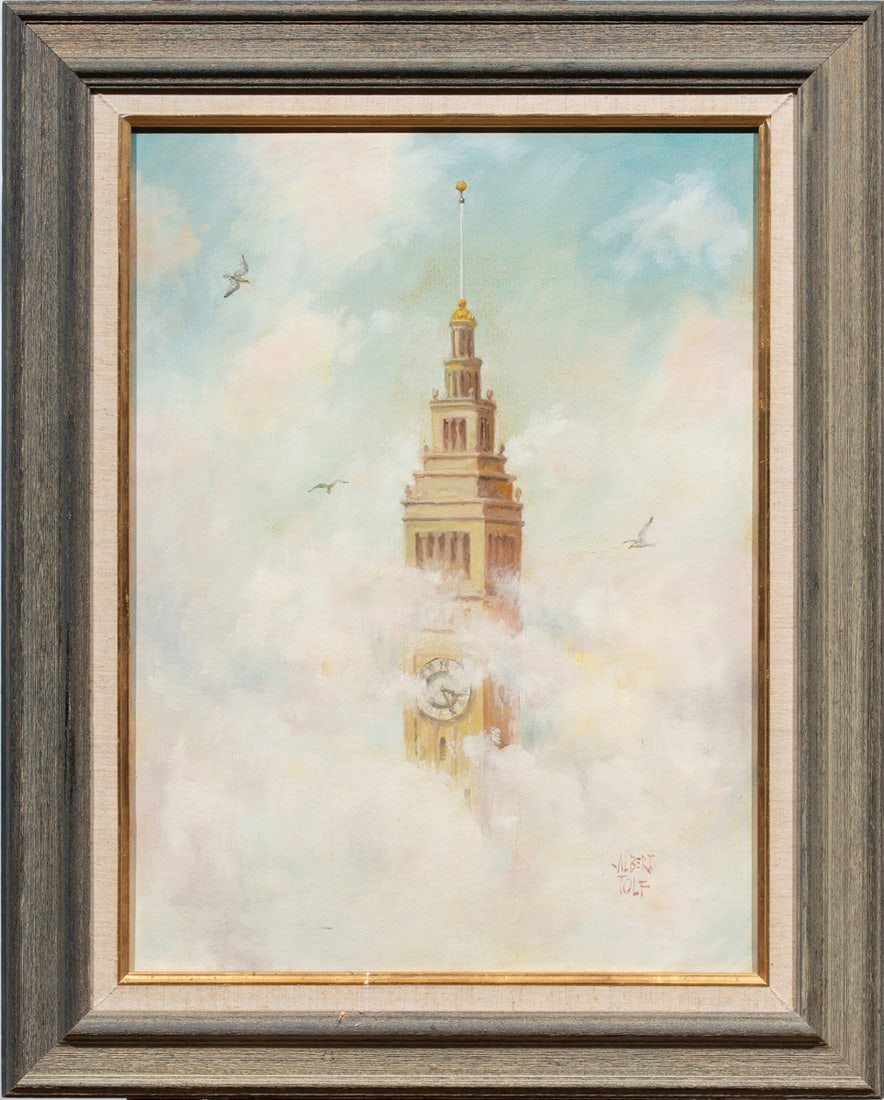 Painting, Albert Tolf: Albert Tolf (American, 1911-1996), "Clock Tower, Ferry Bulding, San Francisco," oil on canvas, signed lower right, signed and titled verso, overall (with frame): 31"h x 24.5"w