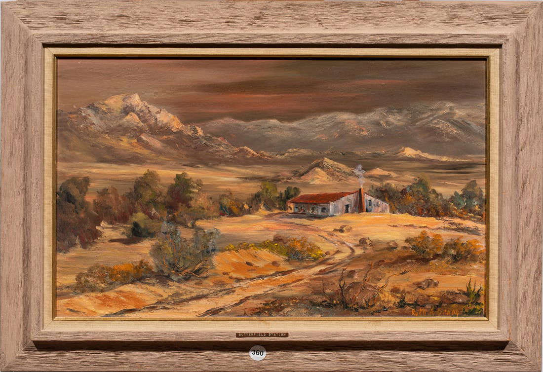 Painting, Ruth Brady: Ruth Brady (American, 1898-1983), "Butterfield Station," oil on board, signed lower right, titled to plaque on frame, overall (with frame): 22.5"h x 32"w