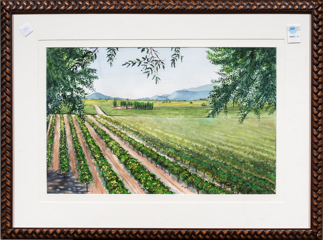 Watercolor, Barbara Nagel: Barbara Nagel (American, 20th/21st century), "Chardonnay on the Vine," 2009, watercolor, signed lower right, overall (with frame): 23.25"h x 30.5"w