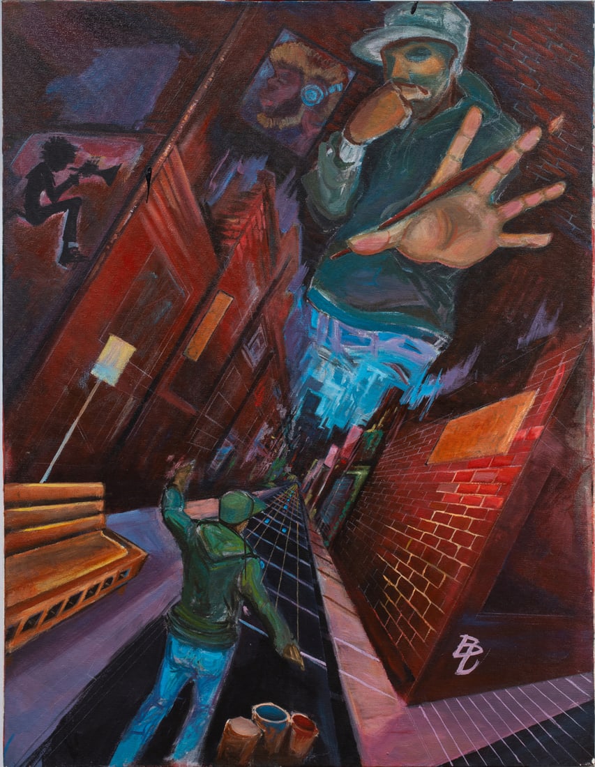 Painting, American School (20th century): American School (20th century), Street Art, acrylic on canvas, initialed lower right, canvas (unframed): 30"h x 24"w