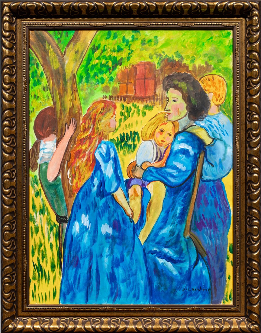 Painting, After Ernst Ludwig Kirchner: After Ernst Ludwig Kirchner (German, 1880-1938), Mother and Children, oil on canvas, bears signature lower right, overall (with frame): 28.5"h x 22.5"w