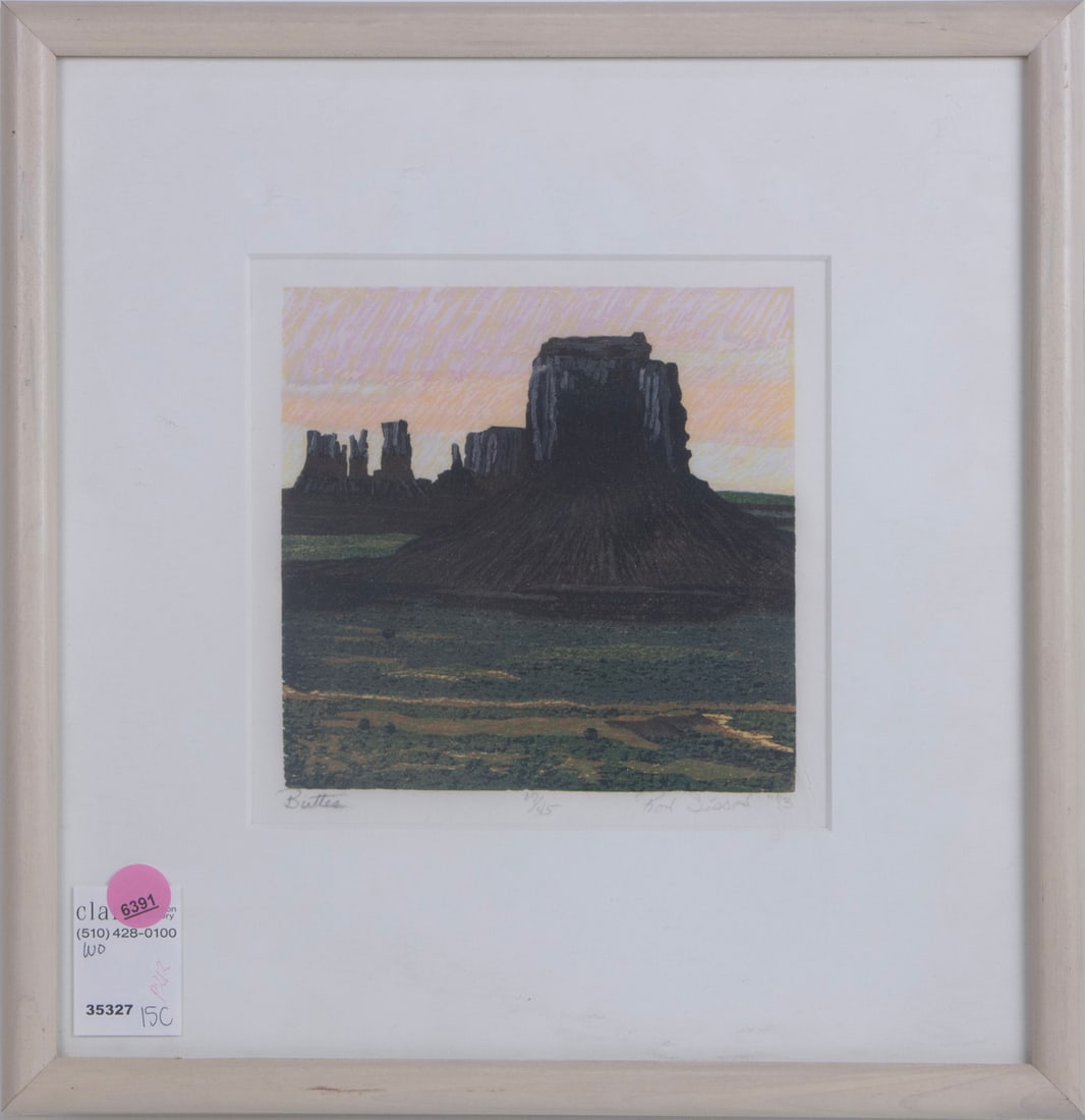 Print, American School (20th century): American School (20th century), "Buttes," 1983, etching, pencil signed indistinctly and dated lower right, titled lower left, edition 17/45, overall (with frame): 13"h x 12.5"w