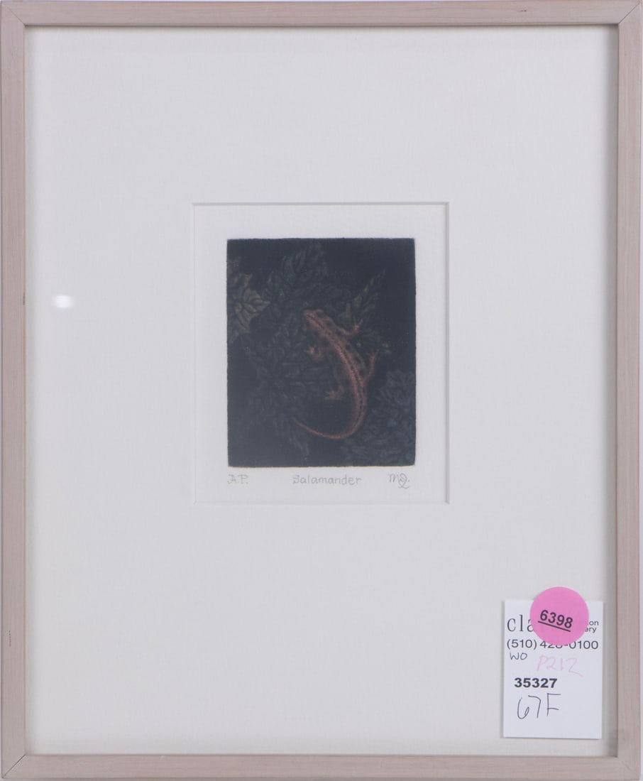Print, American School (20th century): American School (20th century), "Salamander," etching with aquatint, monogrammed indistinctly lower right, titled lower center, edition AP, overall (with frame): 10"h x 8.25"w