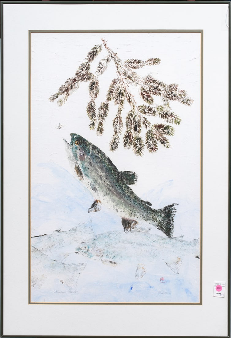 Print, Ron Warner: Ron Warner (American, b. 1944), "Rainbow Trout," gyotaku print, pencil signed lower right, titled lower left, overall (with frame): 38.5"h x 26.25"w