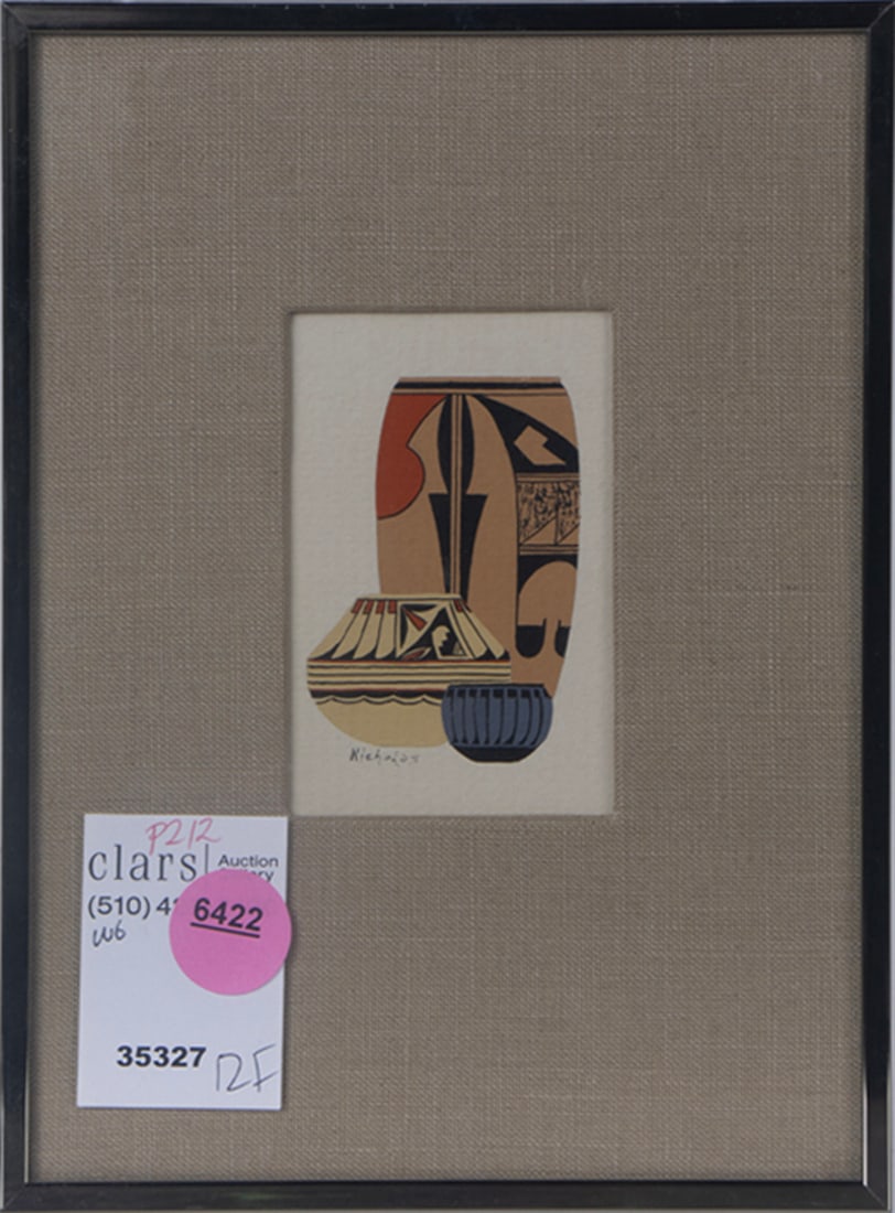 Prints, American School (20th century): American School (20th century), Native American Pottery, serigraph, signed "Nicholas" lower left, overall (with frame): 7.25"h x 5.5"w