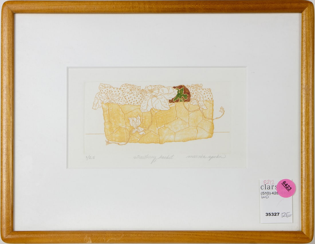 Print, American School (20th century): American School (20th century), "Strawberry Basket," etching with aquatint, pencil signed indistinctly lower right, titled lower center, edition 1/25, overall (with frame): 9.75"h x 12.25"w