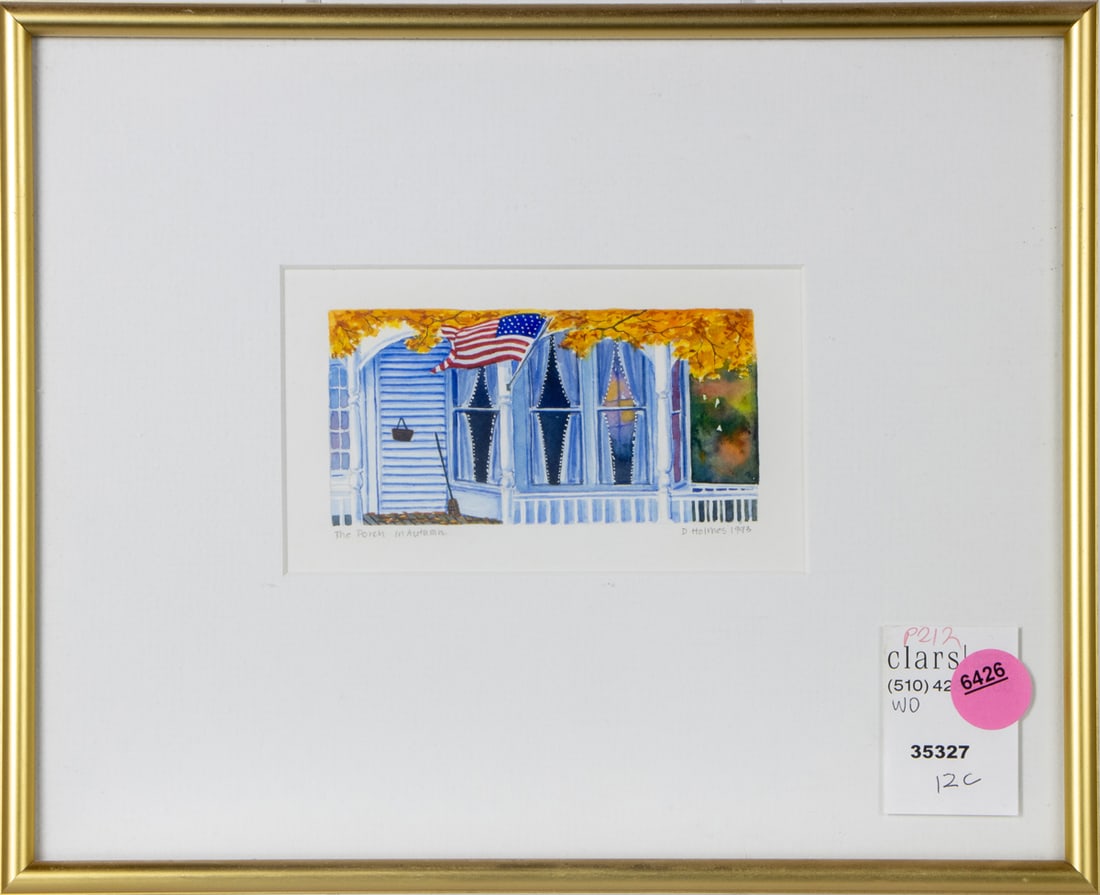 Watercolor, American School (20th century): American School (20th century), "The Porch in Autumn," 1993, watercolor, signed "D. Holmes" and dated lower right, titled lower left, overall (with frame): 8.25"h x 10.25"w