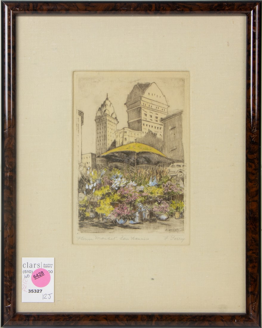Print, F. Terry: F. Terry (American, 20th century), "Flower Market, San Francisco," etching with color, pencil signed lower right, titled lower left, overall (with frame): 12.75"h x 10"w