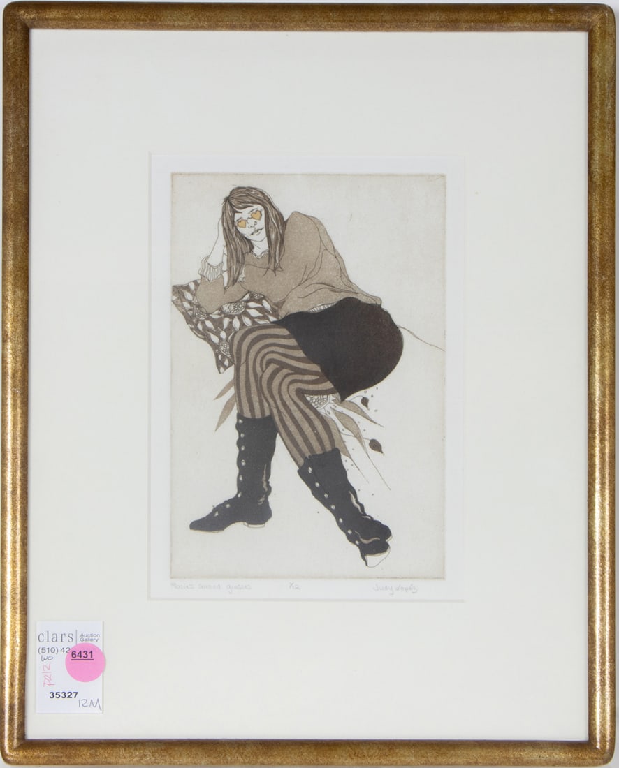 Print, Judy Lopez (American, 20th century): Judy Lopez (American, 20th century), "Rosie's Colored Glasses," etching, pencil signed lower right, titled lower left, edition 1/12, overall (with frame): 14.5"h x 11.5"w