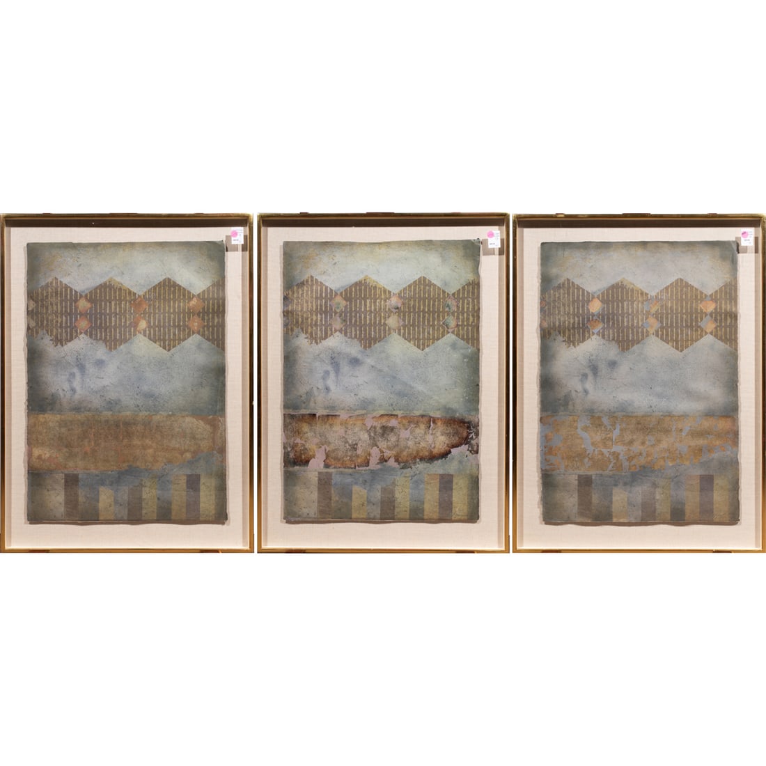 Handmade Papers, Donald Farnsworth: (lot of 3) Donald Farnsworth (American, b. 1952), "Wabi," each handmade paper, each signed lower right, each with collection label (McCutchen, Doyle, Brown & Enersen) affixed verso, overall (with fram