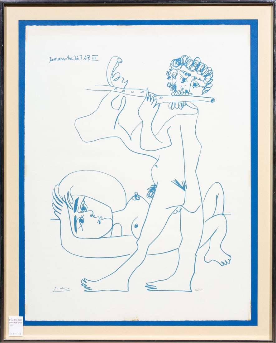 Print, After Picasso: After Pablo Picasso (Spanish, 1881-1937), Femme Couchee et Flutiste, lithograph, signed in plate lower left, edition 86/400, overall (with frame): 30"h x 24.25"w