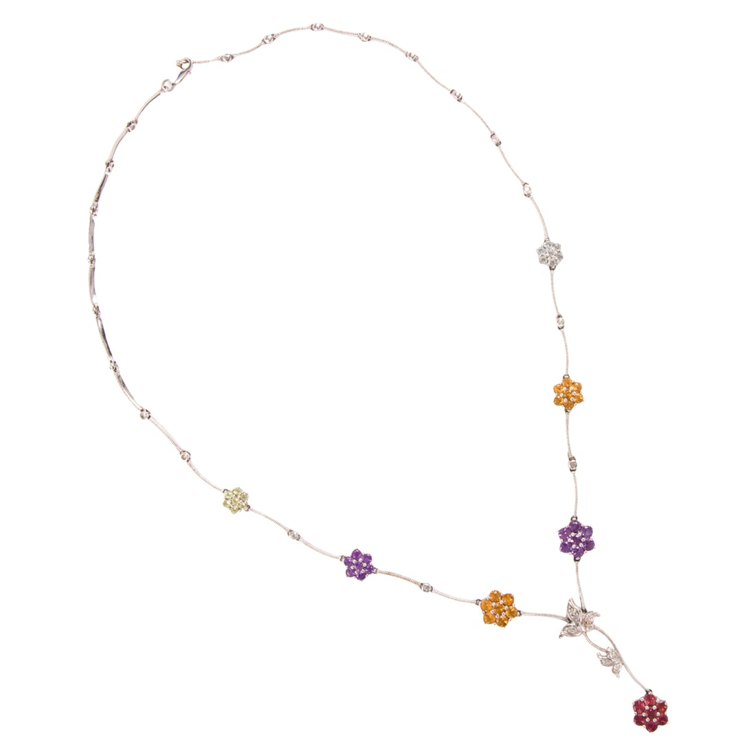 A gemstone and 10k white gold necklace: A gemstone and 10k white gold necklaceOf floriform motif, designed as seven clusters of circular-cut gemstones including pink tourmaline, citrine, peridot, quartz and amethyst; length: 16 in; 11.40 gr
