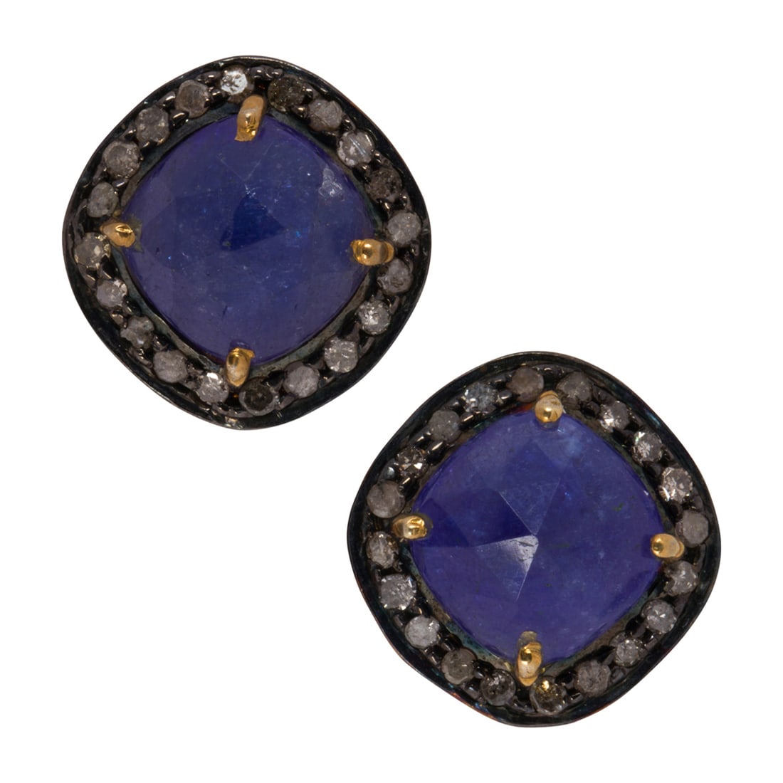 A pair of tanzanite, diamond, and vermeil sterling silver earrings: A pair of tanzanite, diamond, and vermeil sterling silver earringsDesigned as a cushion-shaped faceted tanzanite, measuring approximately 10.05 x 5.63 mm, framed by single-cut diamonds; total diamond